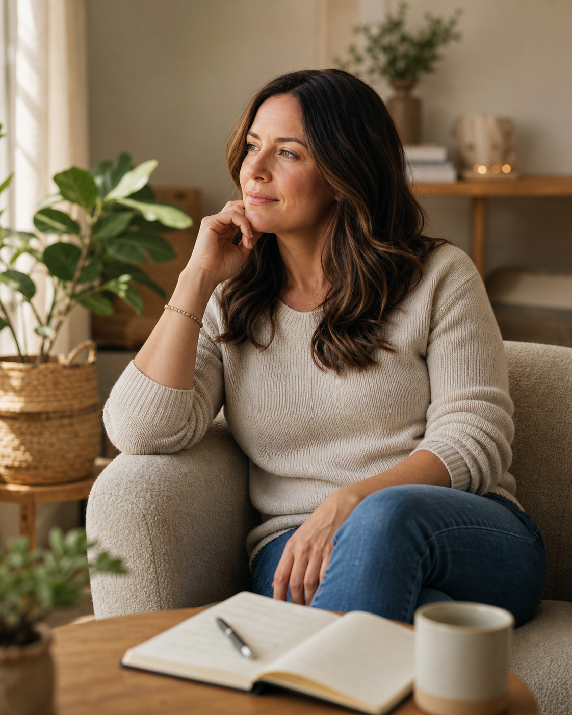 Adult reflecting with a journal in a calm coaching room