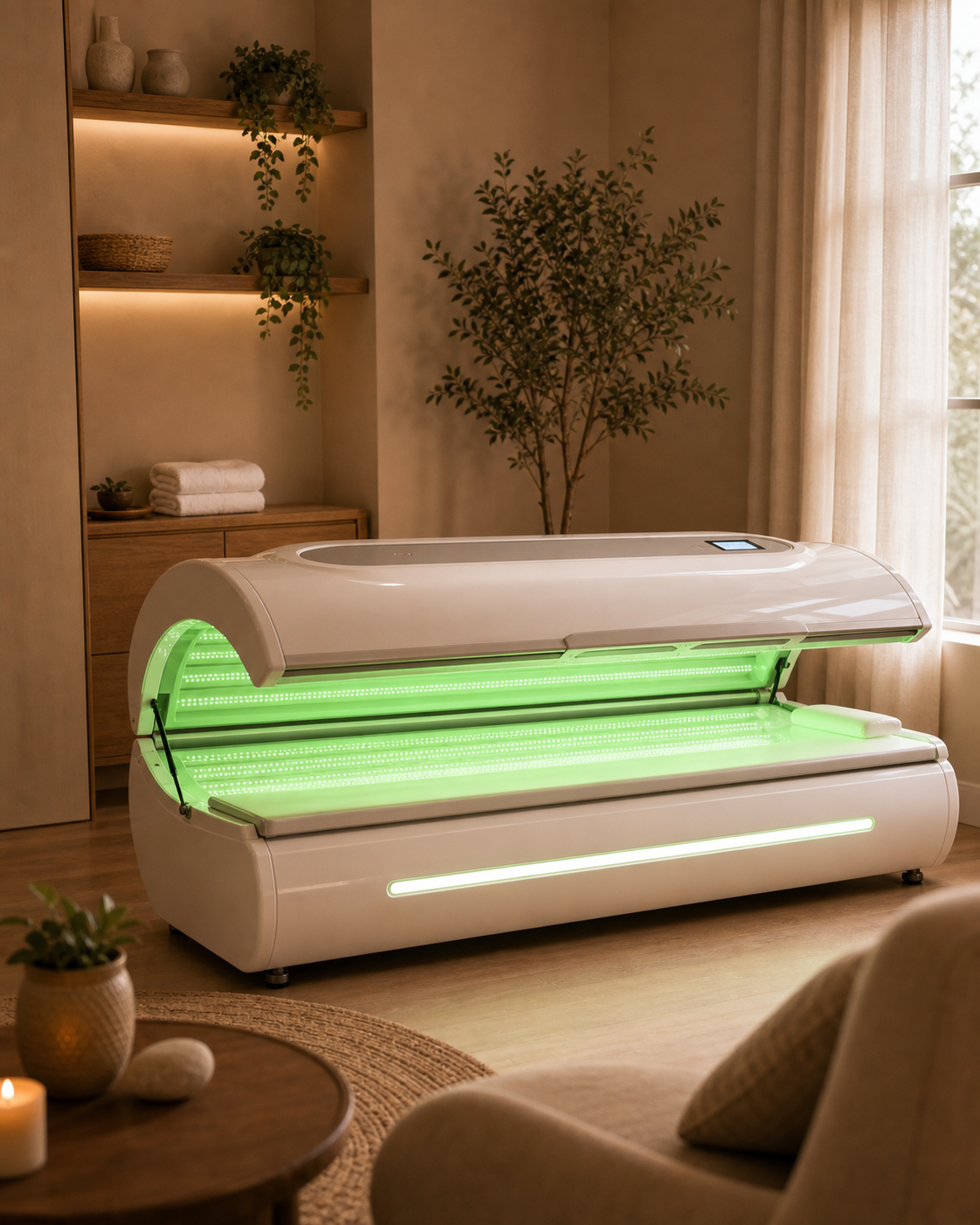 Green light therapy bed glowing in a calm wellness studio